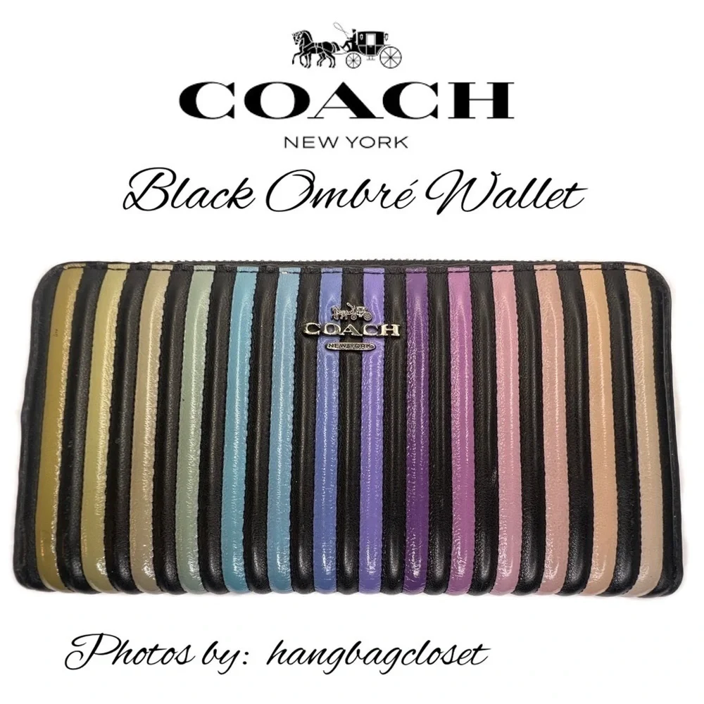 Coach Ombré Wallet Black Rainbow Leather Striped Quilted Puffy Rare